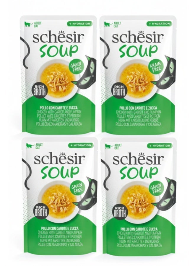 شيسر شيزر (Schesir) شوربة للقطط البالغة – الدجاج مع الجزر واليقطين – طعام رطب خالي من الحبوب – مرق غني لتعزيز الترطيب – 85 جم (عبوة من 4 قطع) - Image 2